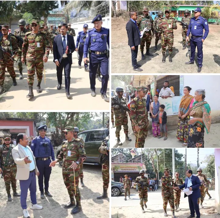 বান্দরবানের লামায় কঠোর নিরাপত্তায় উৎসবমুখর পরিবেশে ভোটগ্রহণ: কেন্দ্র পরিদর্শনে জোন কমান্ডার